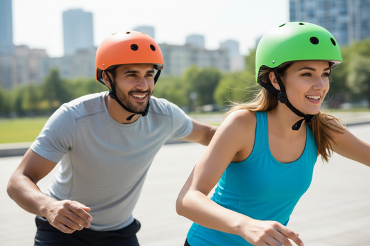 Hombre y mujer con casco naranja y verde